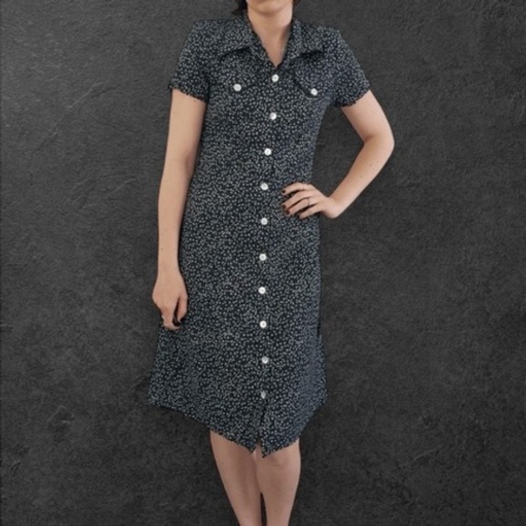 90s Vintage Byer California Womens sz 7 Black Floral Collared Button Midi Dress - Picture 3 of 6